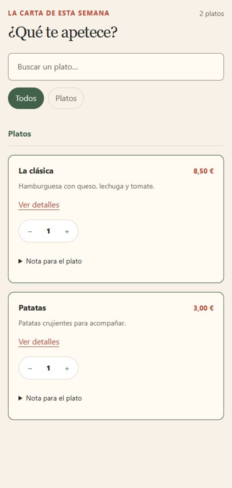 Carta de MenuBox con una hamburguesa La clásica de 8,50 € y unas patatas de 3,00 €, una unidad de cada plato seleccionada.