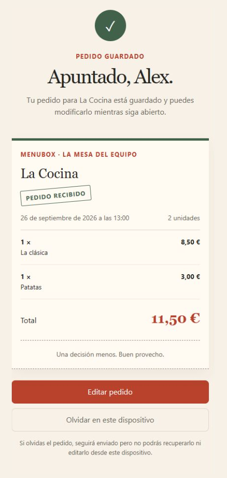Confirmación de MenuBox: Apuntado, Alex. Ticket de 11,50 € y botón Editar pedido.