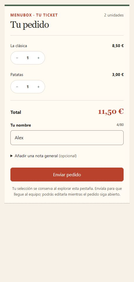 Resumen del pedido de ejemplo para Alex: La clásica y patatas, total de 11,50 €, con el botón Enviar pedido.